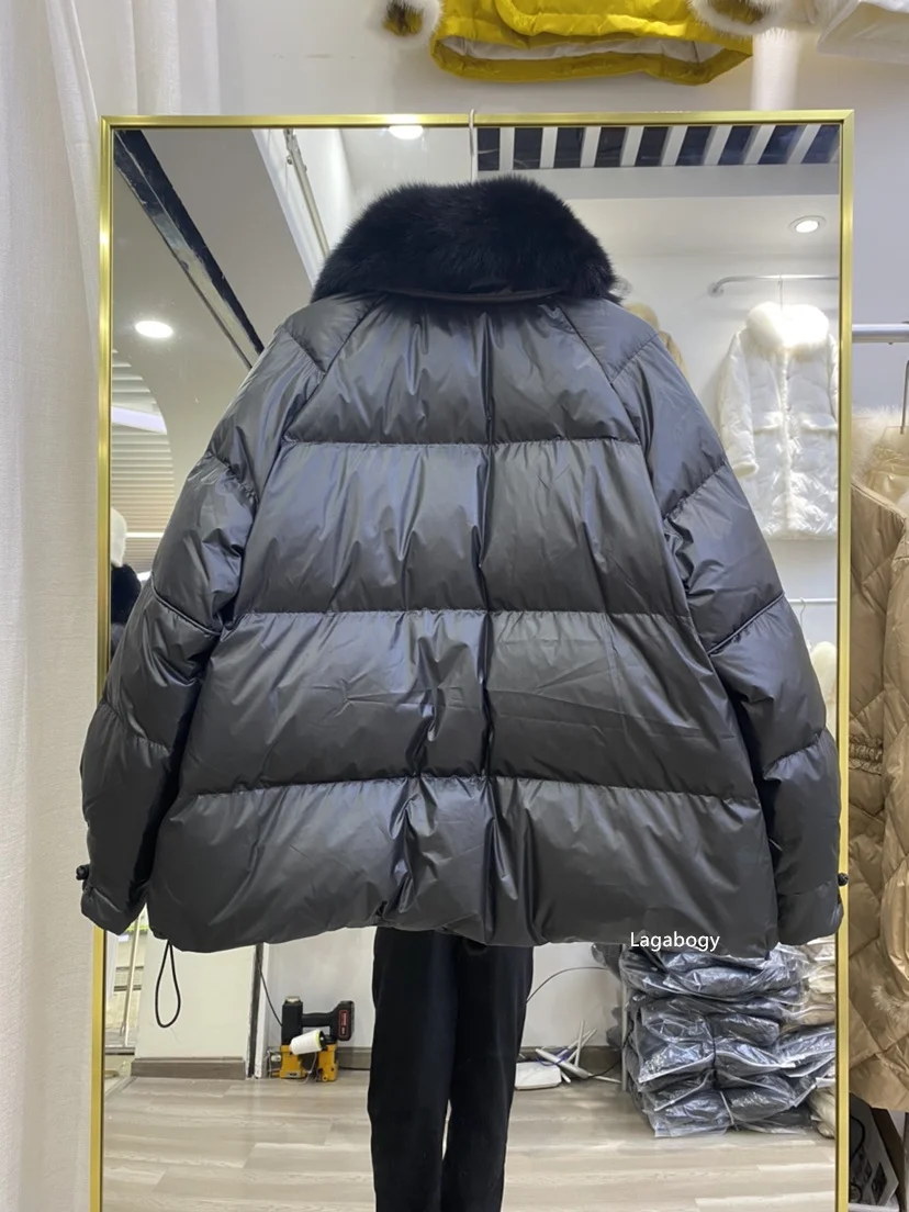Lagabogy 2025 New Winter Women Real Fox Fur 90% White Duck Down Jacket Short Puffer Coat Female Vintage Mink Fur Patchwork Parka
