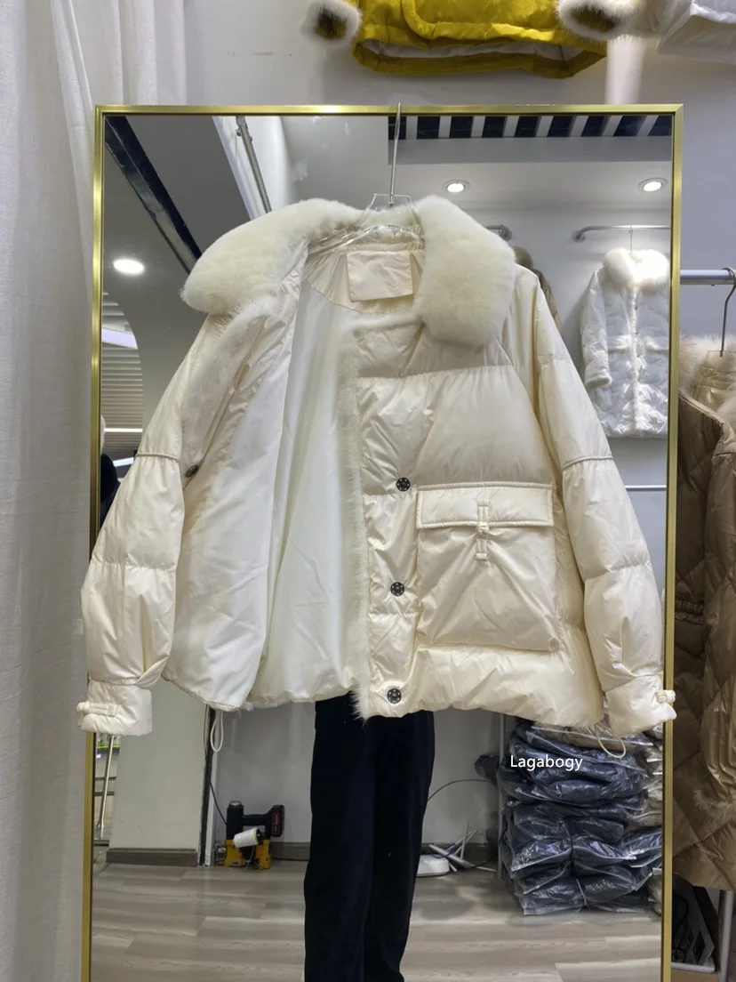 Lagabogy 2025 New Winter Women Real Fox Fur 90% White Duck Down Jacket Short Puffer Coat Female Vintage Mink Fur Patchwork Parka