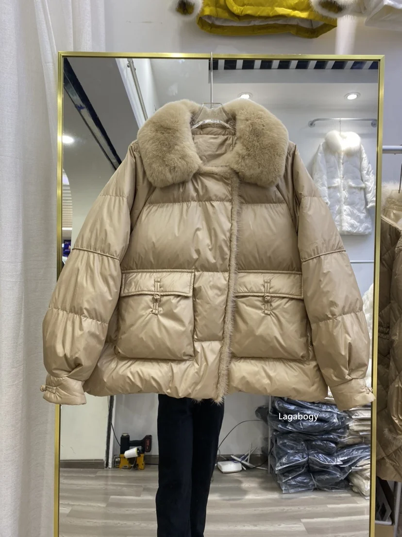 Lagabogy 2025 New Winter Women Real Fox Fur 90% White Duck Down Jacket Short Puffer Coat Female Vintage Mink Fur Patchwork Parka