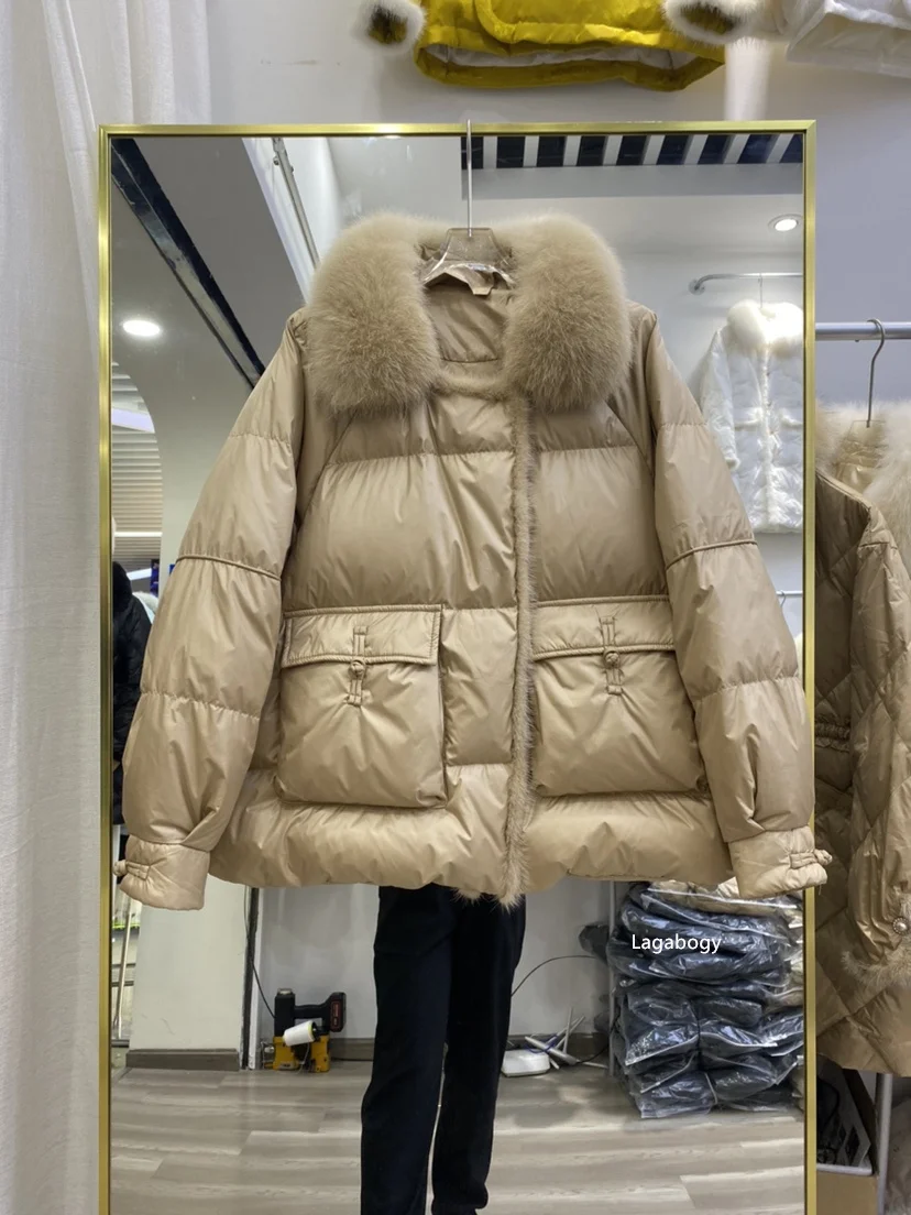 Lagabogy 2025 New Winter Women Real Fox Fur 90% White Duck Down Jacket Short Puffer Coat Female Vintage Mink Fur Patchwork Parka