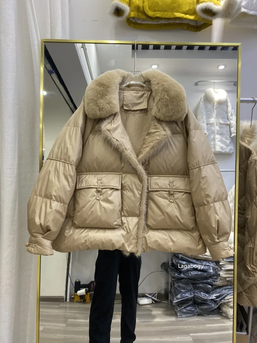 Lagabogy 2025 New Winter Women Real Fox Fur 90% White Duck Down Jacket Short Puffer Coat Female Vintage Mink Fur Patchwork Parka