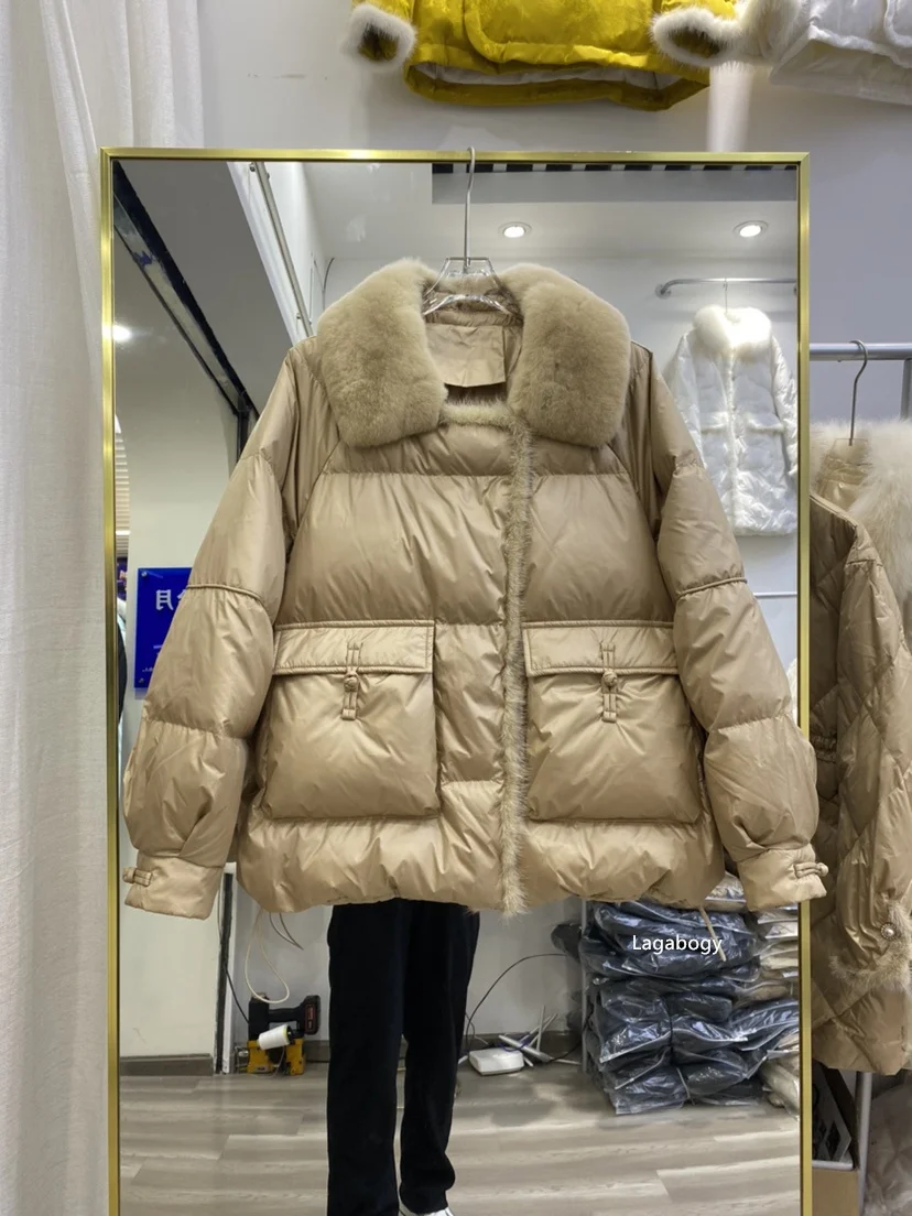 Lagabogy 2025 New Winter Women Real Fox Fur 90% White Duck Down Jacket Short Puffer Coat Female Vintage Mink Fur Patchwork Parka