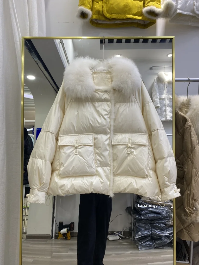 Lagabogy 2025 New Winter Women Real Fox Fur 90% White Duck Down Jacket Short Puffer Coat Female Vintage Mink Fur Patchwork Parka
