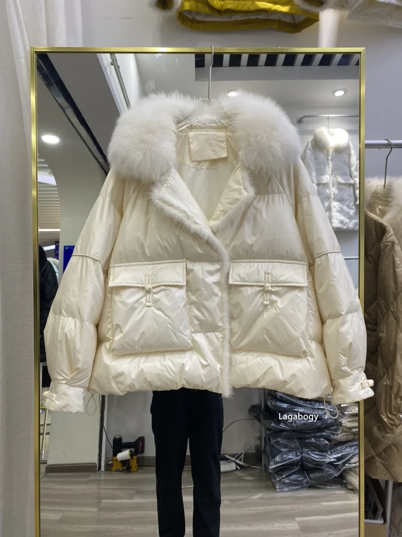 Lagabogy 2025 New Winter Women Real Fox Fur 90% White Duck Down Jacket Short Puffer Coat Female Vintage Mink Fur Patchwork Parka