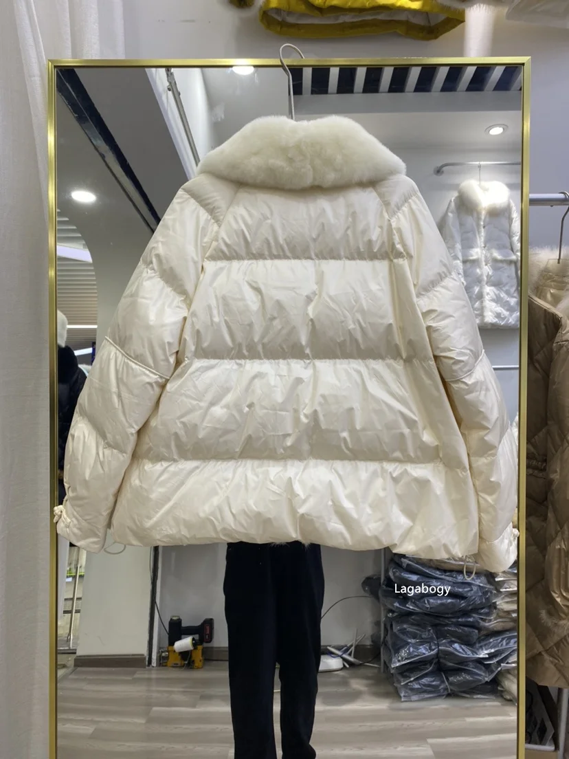 Lagabogy 2025 New Winter Women Real Fox Fur 90% White Duck Down Jacket Short Puffer Coat Female Vintage Mink Fur Patchwork Parka