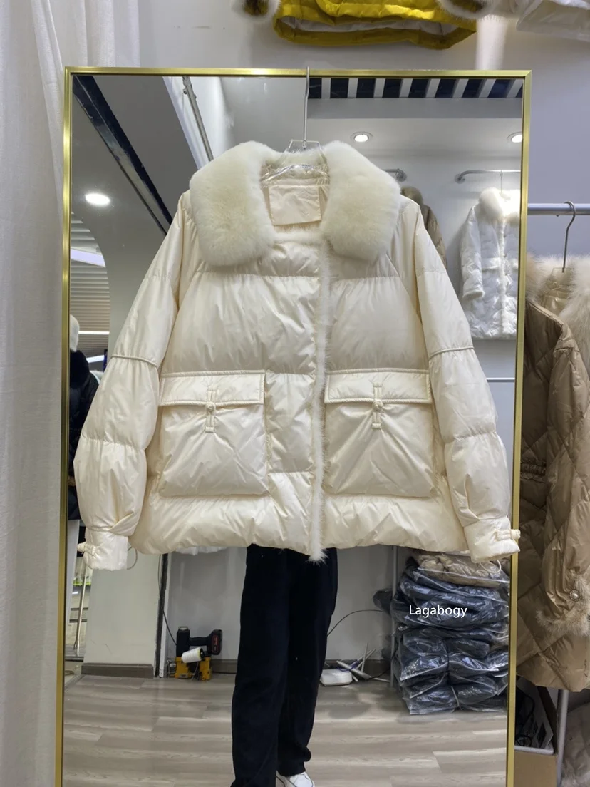 Lagabogy 2025 New Winter Women Real Fox Fur 90% White Duck Down Jacket Short Puffer Coat Female Vintage Mink Fur Patchwork Parka