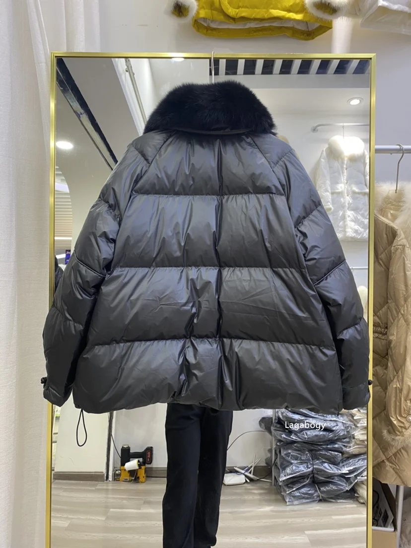 Lagabogy 2025 New Winter Women Real Fox Fur 90% White Duck Down Jacket Short Puffer Coat Female Vintage Mink Fur Patchwork Parka