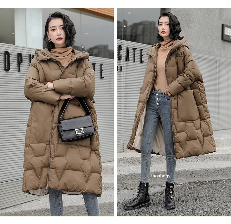 Lagabogy 2025 New Winter Women Oversize Long 90% White Duck Down Jacket Female Hooded Thick Warm Casual Pocket Parkas Snow Coat