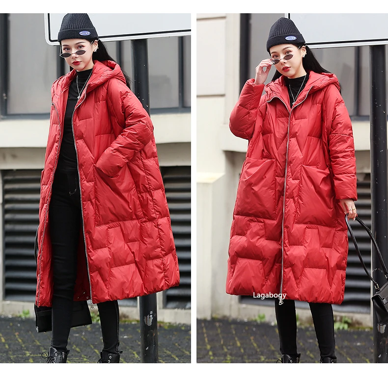 Lagabogy 2025 New Winter Women Oversize Long 90% White Duck Down Jacket Female Hooded Thick Warm Casual Pocket Parkas Snow Coat