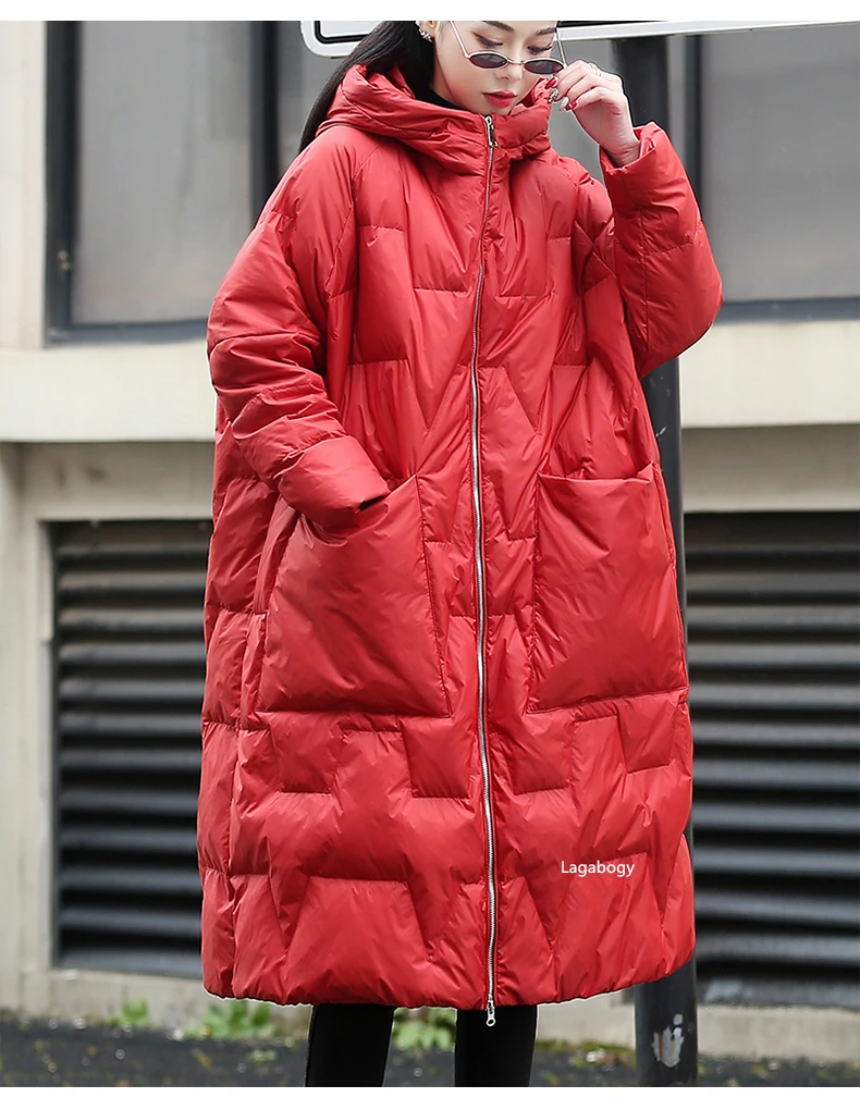 Lagabogy 2025 New Winter Women Oversize Long 90% White Duck Down Jacket Female Hooded Thick Warm Casual Pocket Parkas Snow Coat