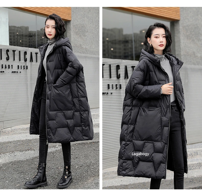 Lagabogy 2025 New Winter Women Oversize Long 90% White Duck Down Jacket Female Hooded Thick Warm Casual Pocket Parkas Snow Coat