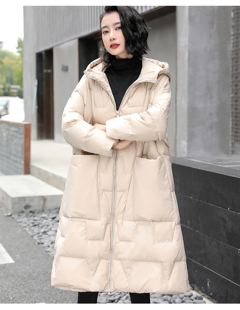 Lagabogy 2025 New Winter Women Oversize Long 90% White Duck Down Jacket Female Hooded Thick Warm Casual Pocket Parkas Snow Coat