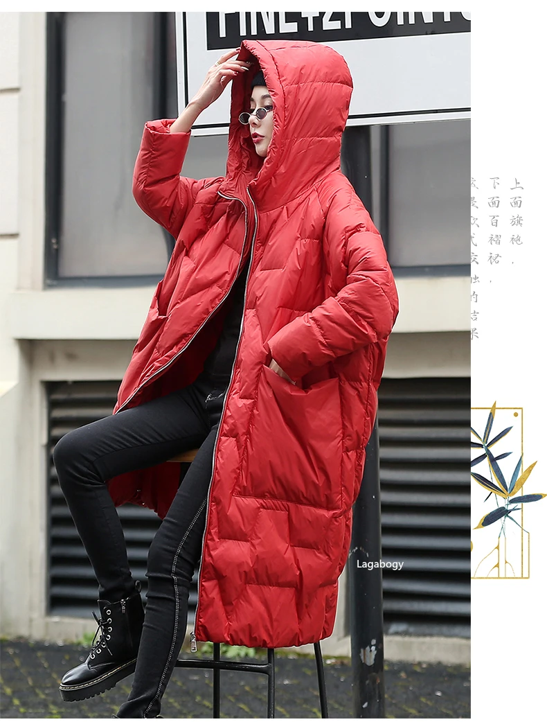 Lagabogy 2025 New Winter Women Oversize Long 90% White Duck Down Jacket Female Hooded Thick Warm Casual Pocket Parkas Snow Coat