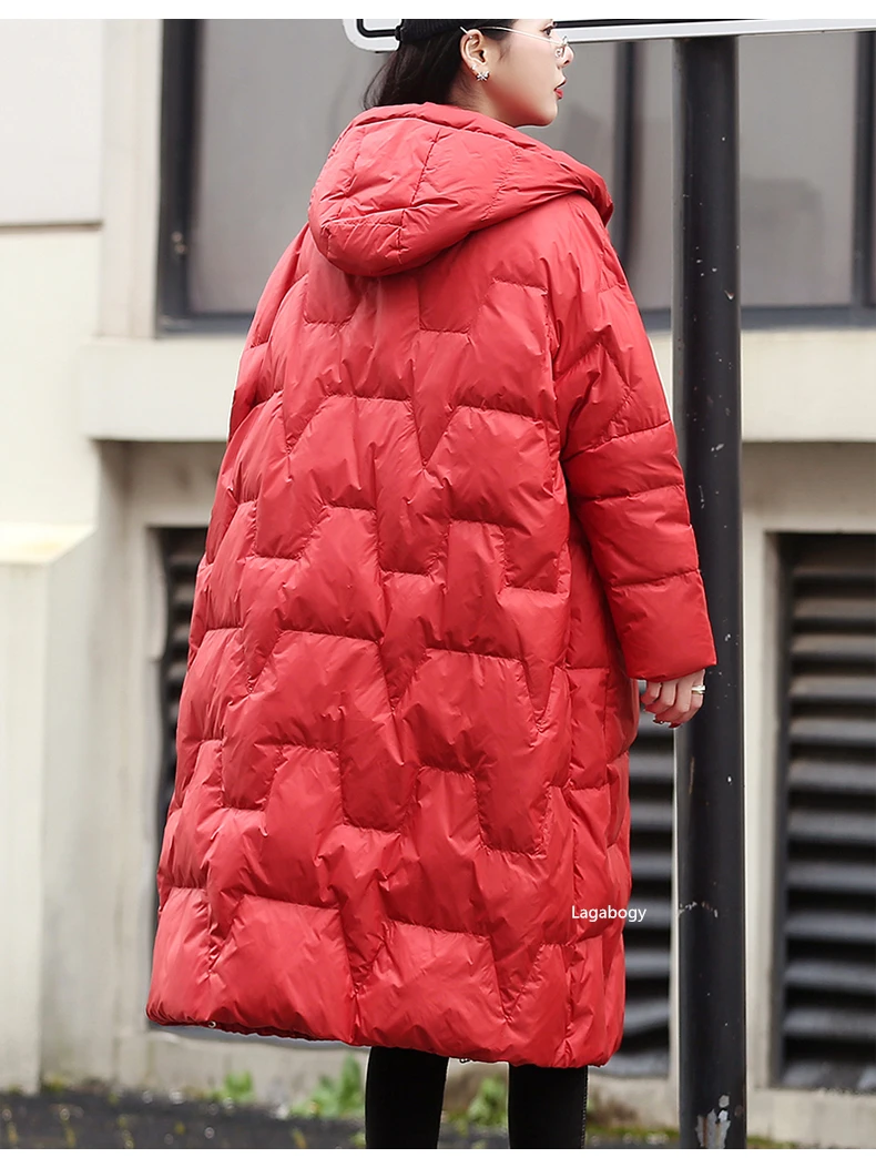 Lagabogy 2025 New Winter Women Oversize Long 90% White Duck Down Jacket Female Hooded Thick Warm Casual Pocket Parkas Snow Coat
