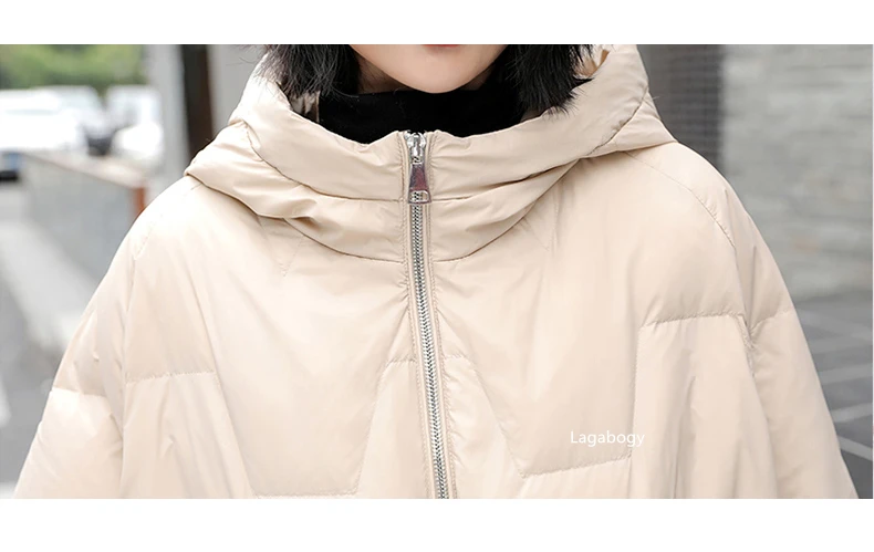 Lagabogy 2025 New Winter Women Oversize Long 90% White Duck Down Jacket Female Hooded Thick Warm Casual Pocket Parkas Snow Coat