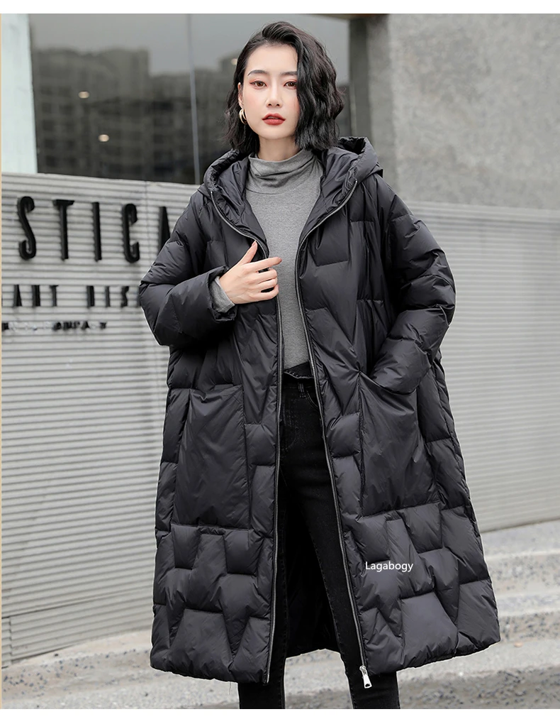Lagabogy 2025 New Winter Women Oversize Long 90% White Duck Down Jacket Female Hooded Thick Warm Casual Pocket Parkas Snow Coat