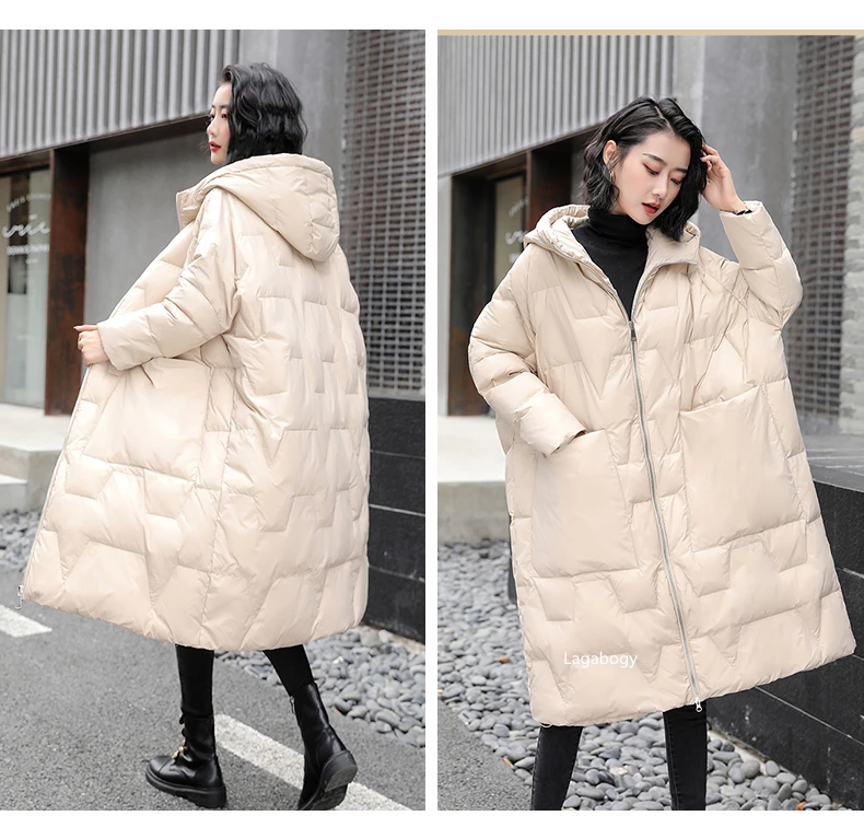 Lagabogy 2025 New Winter Women Oversize Long 90% White Duck Down Jacket Female Hooded Thick Warm Casual Pocket Parkas Snow Coat