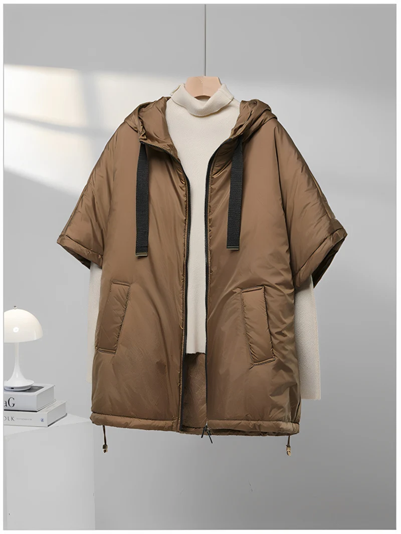 Schinteon Women Camel Down Cape Vest with Hood Loose Sleeveless Gilet Solid Fashionable Autumn Winter Jacket 2026 New