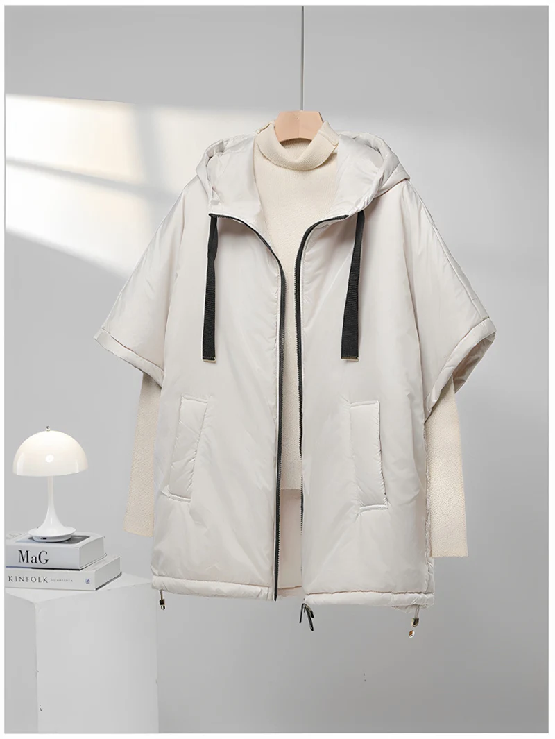 Schinteon Women Camel Down Cape Vest with Hood Loose Sleeveless Gilet Solid Fashionable Autumn Winter Jacket 2026 New