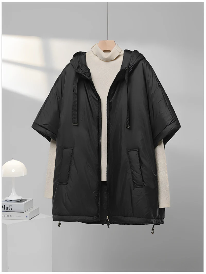 Schinteon Women Camel Down Cape Vest with Hood Loose Sleeveless Gilet Solid Fashionable Autumn Winter Jacket 2026 New