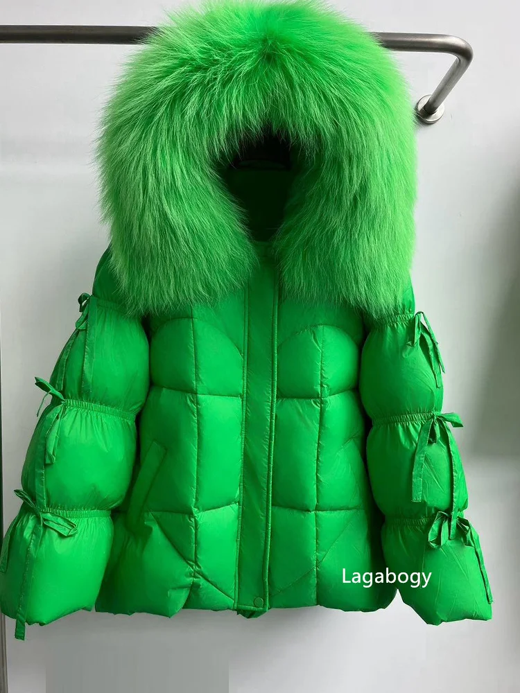 Lagabogy 2026 Big Natural Fox Fur Puffer Jacket New Winter Clothes Women Thick Warm White Duck Down Coat Female Real Fur Parker