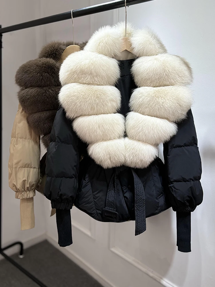 Lagabogy 2025 New Winter Women Real Fox Fur Collar Puffer Jacket Female Long Knitted Sleeves Slim Casual White Duck Down Coat