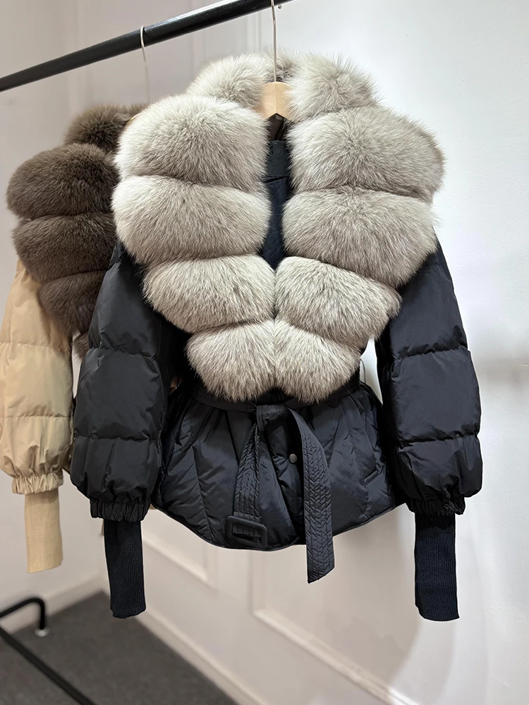 Lagabogy 2025 New Winter Women Real Fox Fur Collar Puffer Jacket Female Long Knitted Sleeves Slim Casual White Duck Down Coat