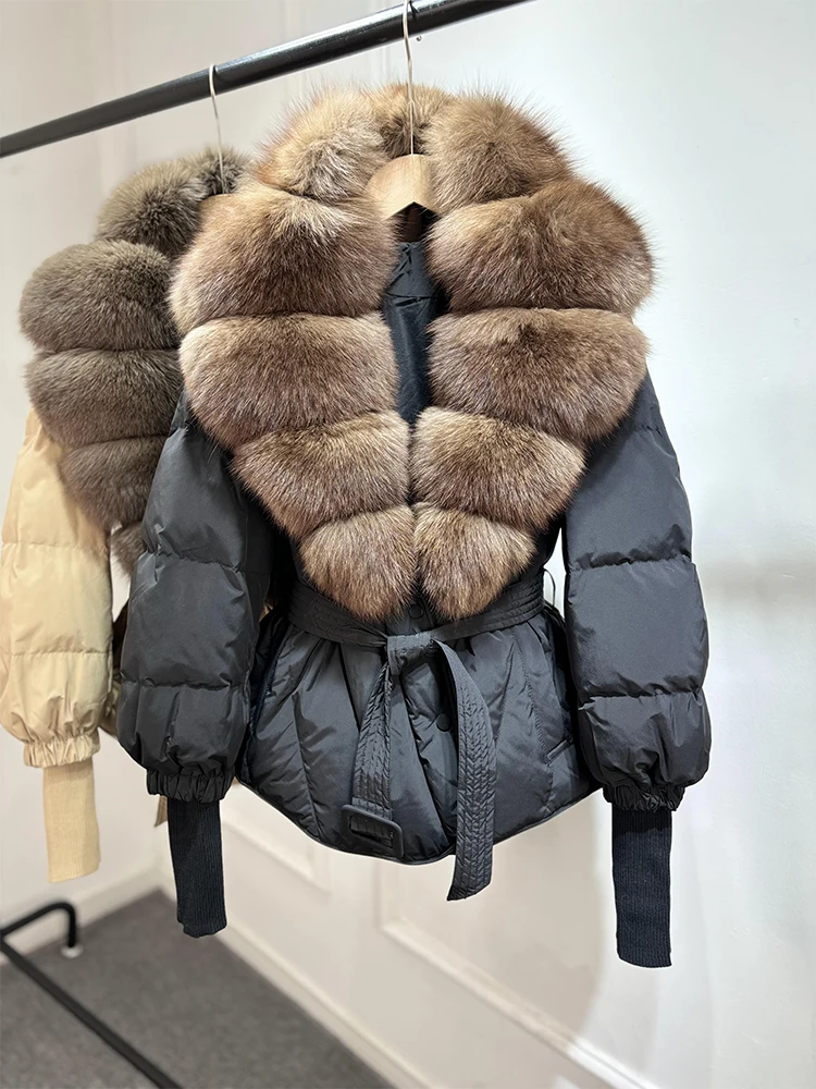 Lagabogy 2025 New Winter Women Real Fox Fur Collar Puffer Jacket Female Long Knitted Sleeves Slim Casual White Duck Down Coat
