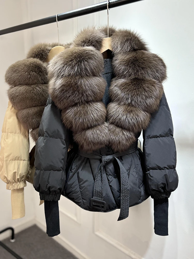 Lagabogy 2025 New Winter Women Real Fox Fur Collar Puffer Jacket Female Long Knitted Sleeves Slim Casual White Duck Down Coat