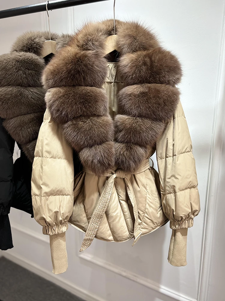 Lagabogy 2025 New Winter Women Real Fox Fur Collar Puffer Jacket Female Long Knitted Sleeves Slim Casual White Duck Down Coat