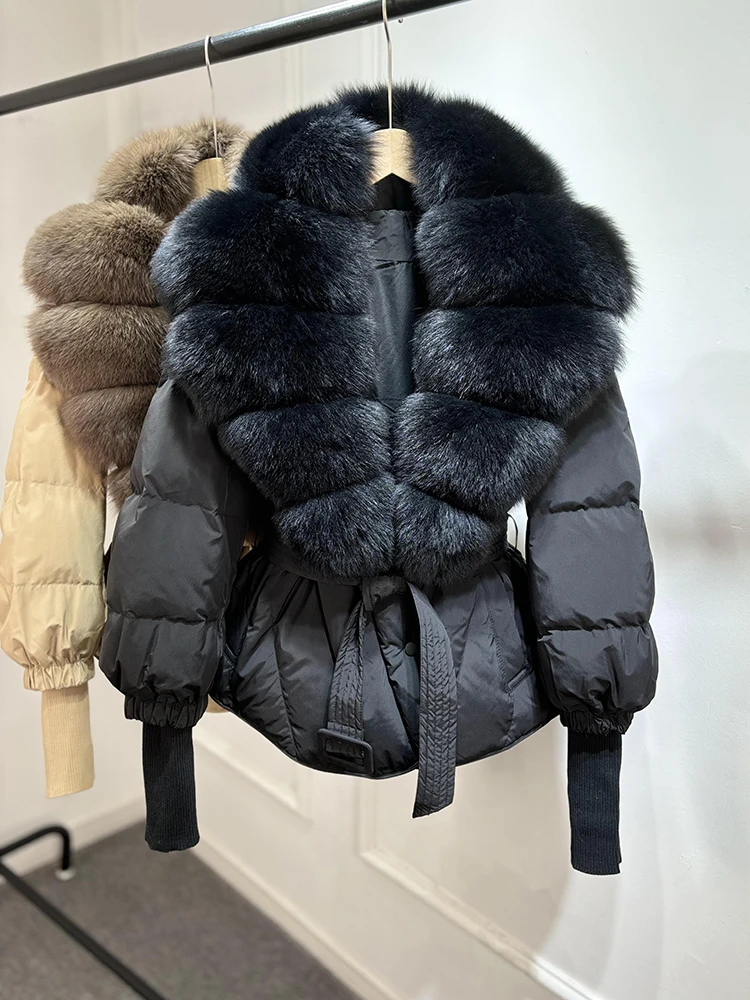 Lagabogy 2025 New Winter Women Real Fox Fur Collar Puffer Jacket Female Long Knitted Sleeves Slim Casual White Duck Down Coat