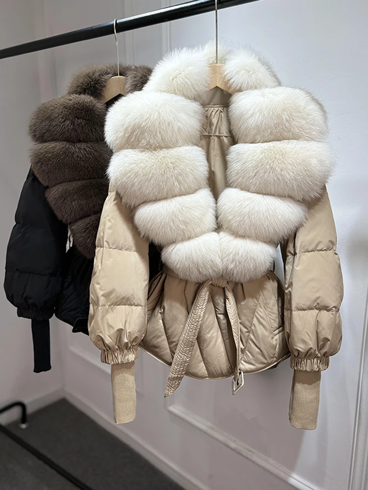 Lagabogy 2025 New Winter Women Real Fox Fur Collar Puffer Jacket Female Long Knitted Sleeves Slim Casual White Duck Down Coat