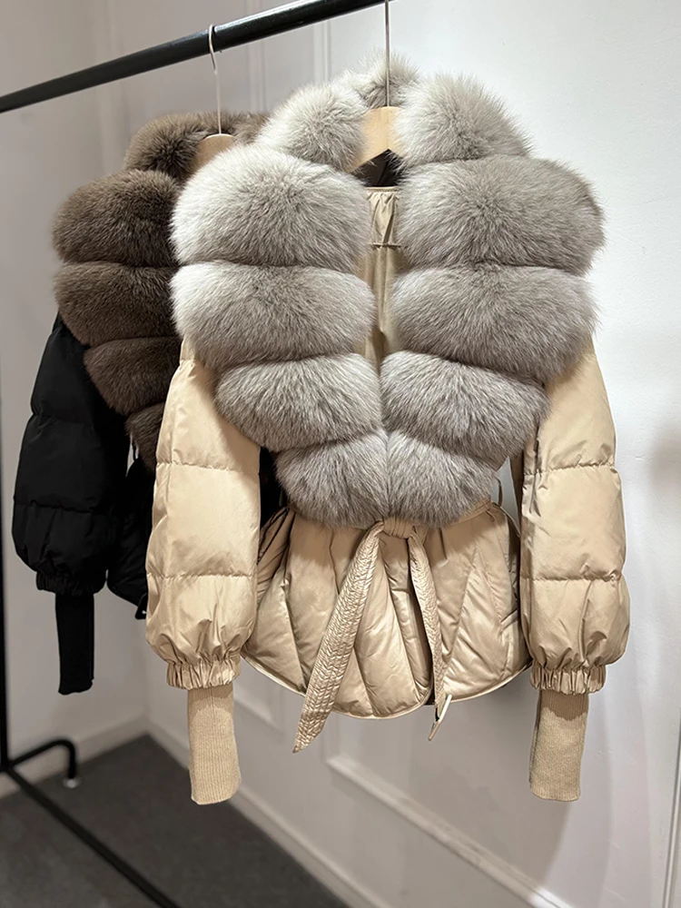Lagabogy 2025 New Winter Women Real Fox Fur Collar Puffer Jacket Female Long Knitted Sleeves Slim Casual White Duck Down Coat