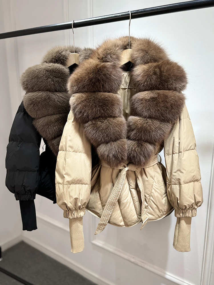 Lagabogy 2025 New Winter Women Real Fox Fur Collar Puffer Jacket Female Long Knitted Sleeves Slim Casual White Duck Down Coat