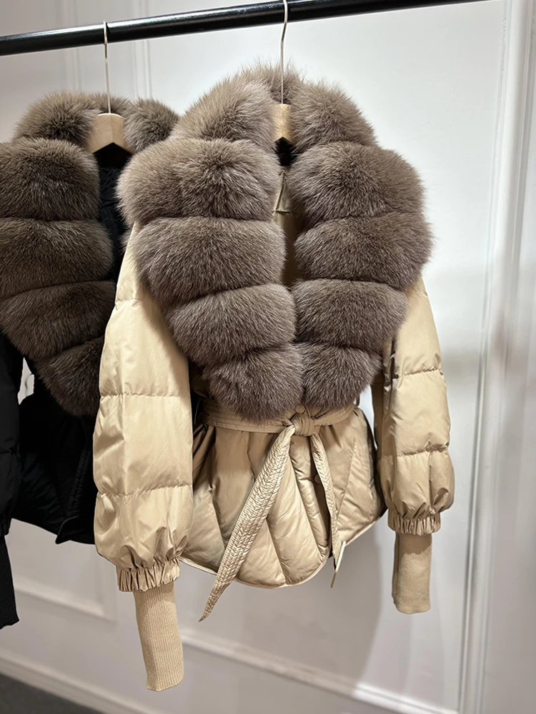 Lagabogy 2025 New Winter Women Real Fox Fur Collar Puffer Jacket Female Long Knitted Sleeves Slim Casual White Duck Down Coat