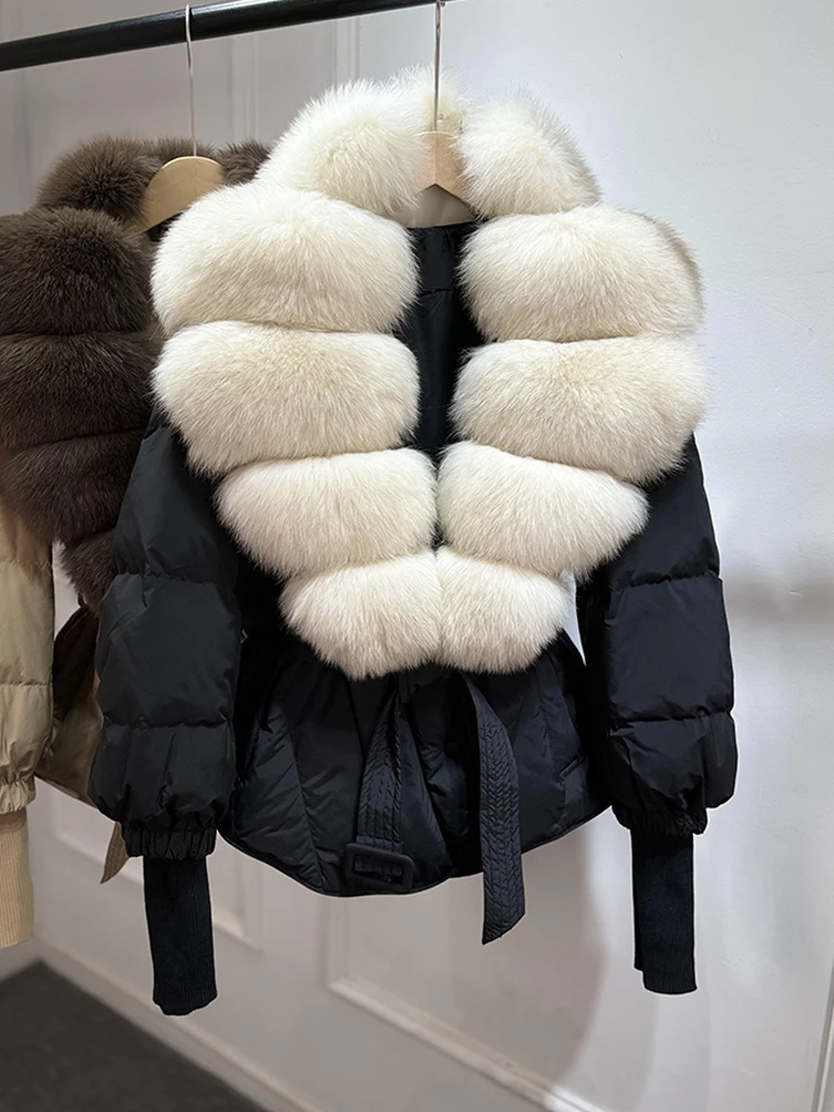 Lagabogy 2025 New Winter Women Real Fox Fur Collar Puffer Jacket Female Long Knitted Sleeves Slim Casual White Duck Down Coat