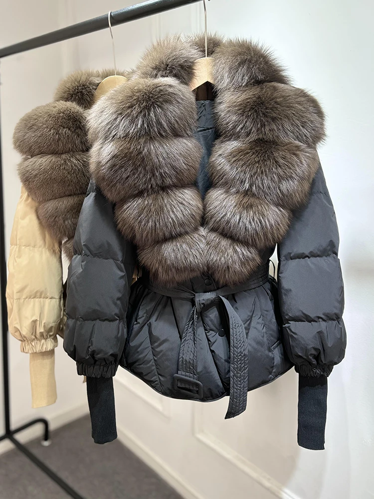 Lagabogy 2025 New Winter Women Real Fox Fur Collar Puffer Jacket Female Long Knitted Sleeves Slim Casual White Duck Down Coat