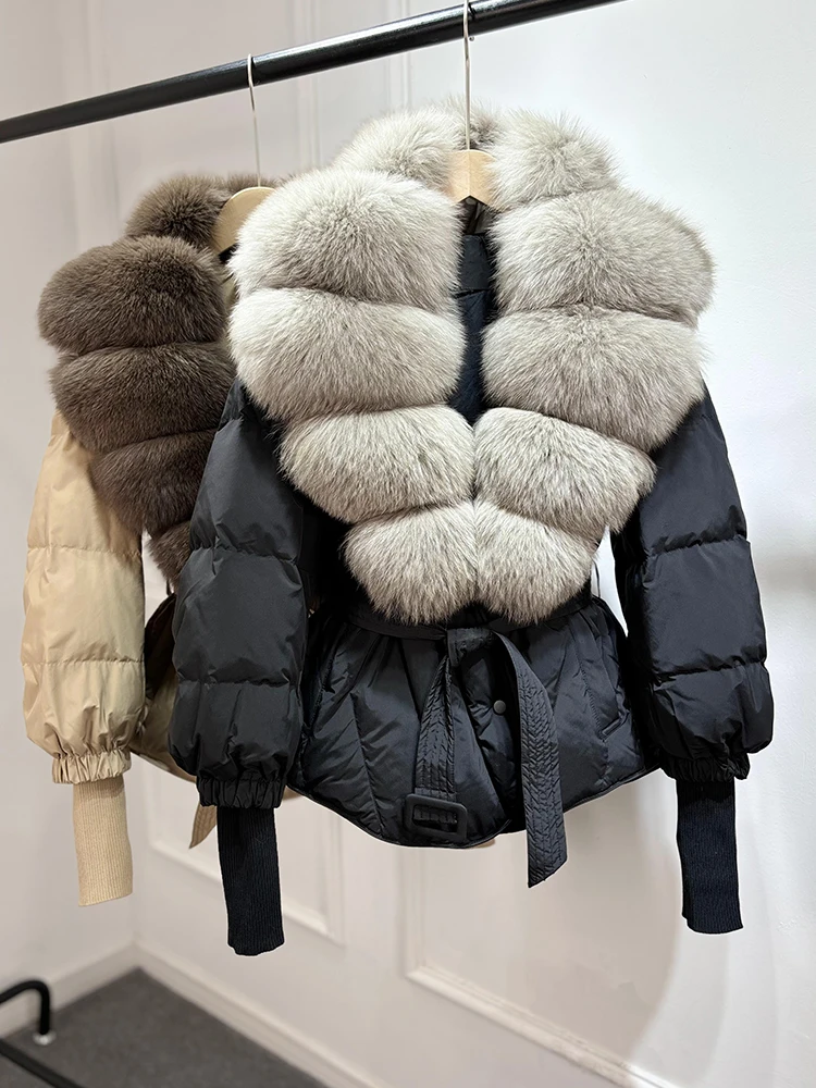 Lagabogy 2025 New Winter Women Real Fox Fur Collar Puffer Jacket Female Long Knitted Sleeves Slim Casual White Duck Down Coat