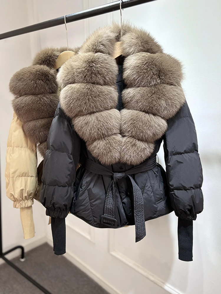 Lagabogy 2025 New Winter Women Real Fox Fur Collar Puffer Jacket Female Long Knitted Sleeves Slim Casual White Duck Down Coat