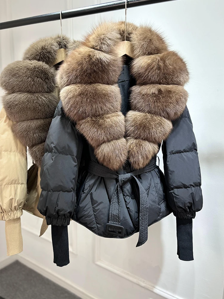 Lagabogy 2025 New Winter Women Real Fox Fur Collar Puffer Jacket Female Long Knitted Sleeves Slim Casual White Duck Down Coat