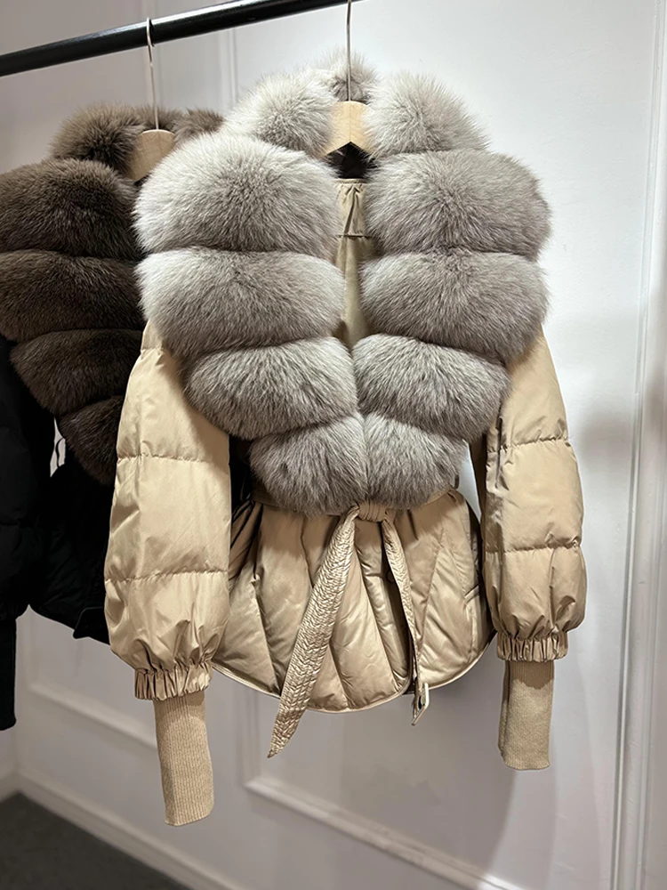 Lagabogy 2025 New Winter Women Real Fox Fur Collar Puffer Jacket Female Long Knitted Sleeves Slim Casual White Duck Down Coat