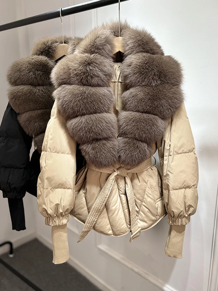 Lagabogy 2025 New Winter Women Real Fox Fur Collar Puffer Jacket Female Long Knitted Sleeves Slim Casual White Duck Down Coat