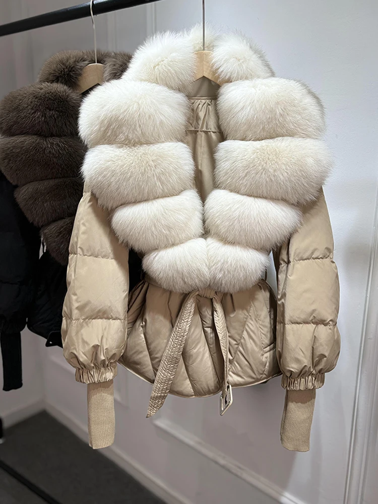 Lagabogy 2025 New Winter Women Real Fox Fur Collar Puffer Jacket Female Long Knitted Sleeves Slim Casual White Duck Down Coat