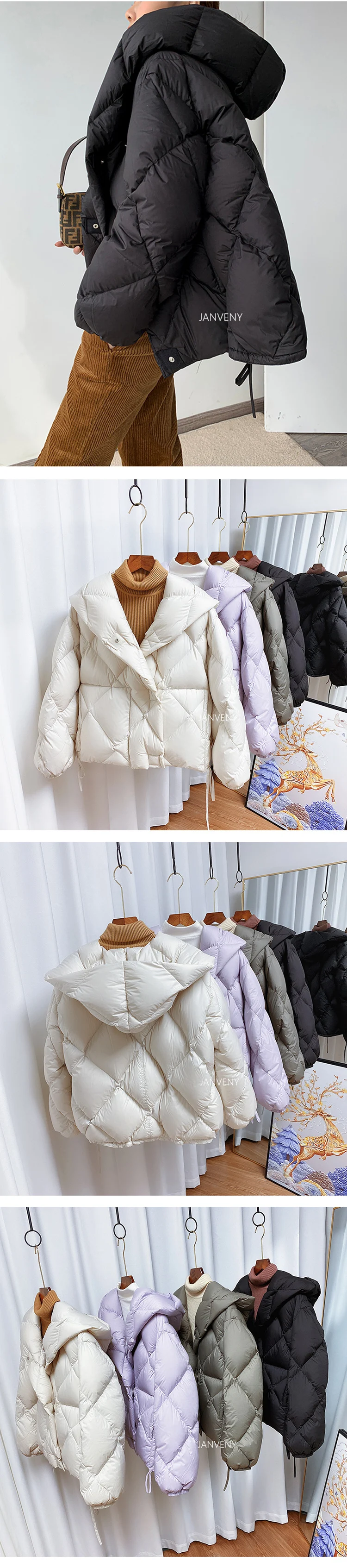 2025 Winter New Fashion 90% White Duck Down Short Jacket Women Thick Warm Loose Cocoon Type Hooded Diamond Puffer Coat Outwear