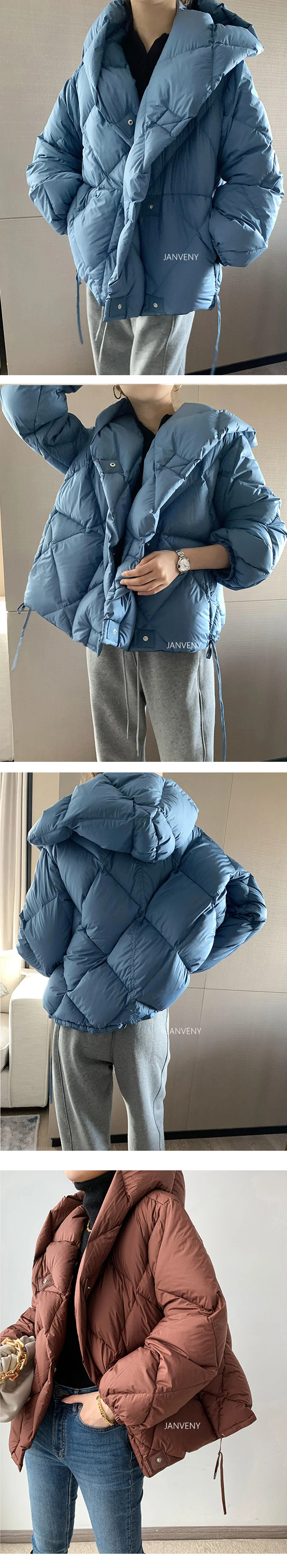 2025 Winter New Fashion 90% White Duck Down Short Jacket Women Thick Warm Loose Cocoon Type Hooded Diamond Puffer Coat Outwear