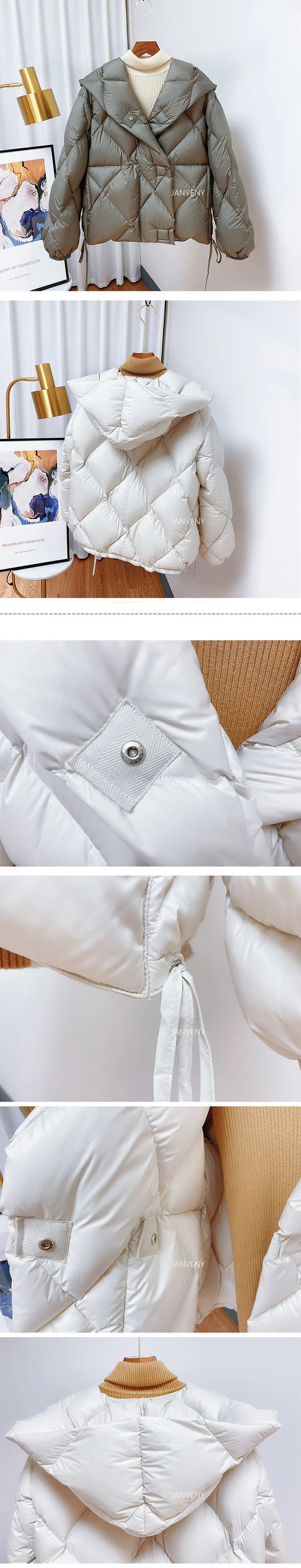 2025 Winter New Fashion 90% White Duck Down Short Jacket Women Thick Warm Loose Cocoon Type Hooded Diamond Puffer Coat Outwear