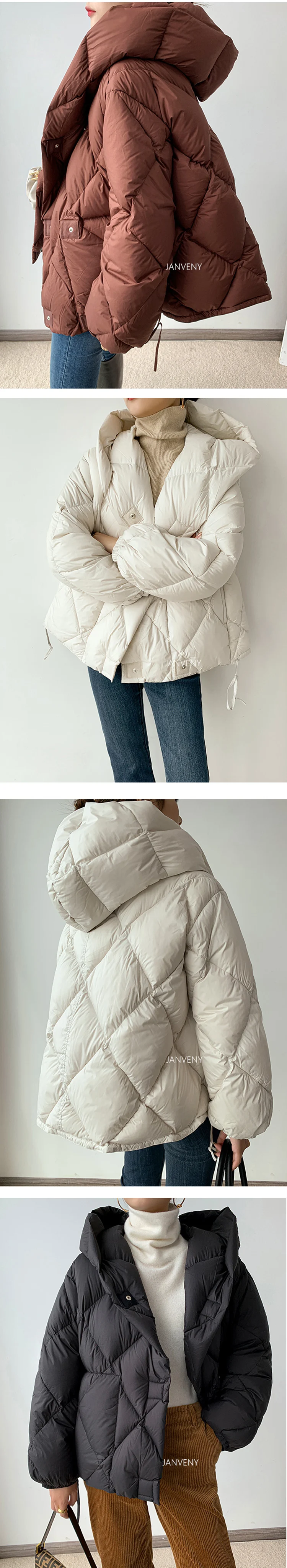 2025 Winter New Fashion 90% White Duck Down Short Jacket Women Thick Warm Loose Cocoon Type Hooded Diamond Puffer Coat Outwear