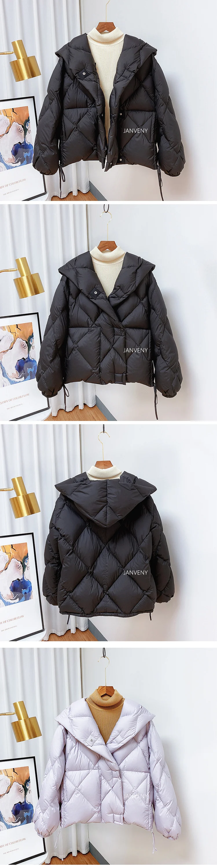 2025 Winter New Fashion 90% White Duck Down Short Jacket Women Thick Warm Loose Cocoon Type Hooded Diamond Puffer Coat Outwear