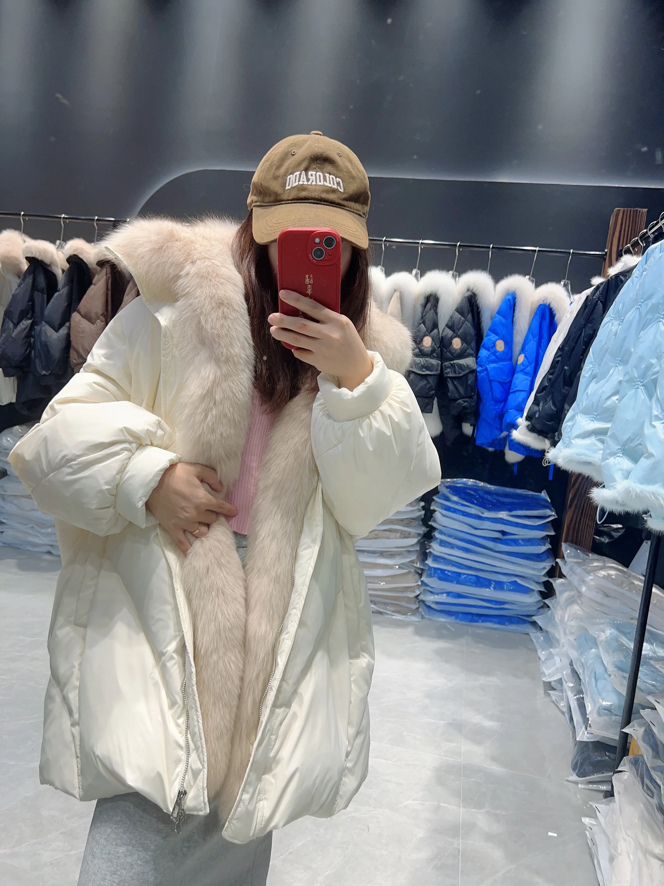 Lagabogy 2025 Real Natural Fox Fur New Winter Women White Goose Down Jacket Loose Warm Puffer Coat Female Thick Mid-Long Parkas