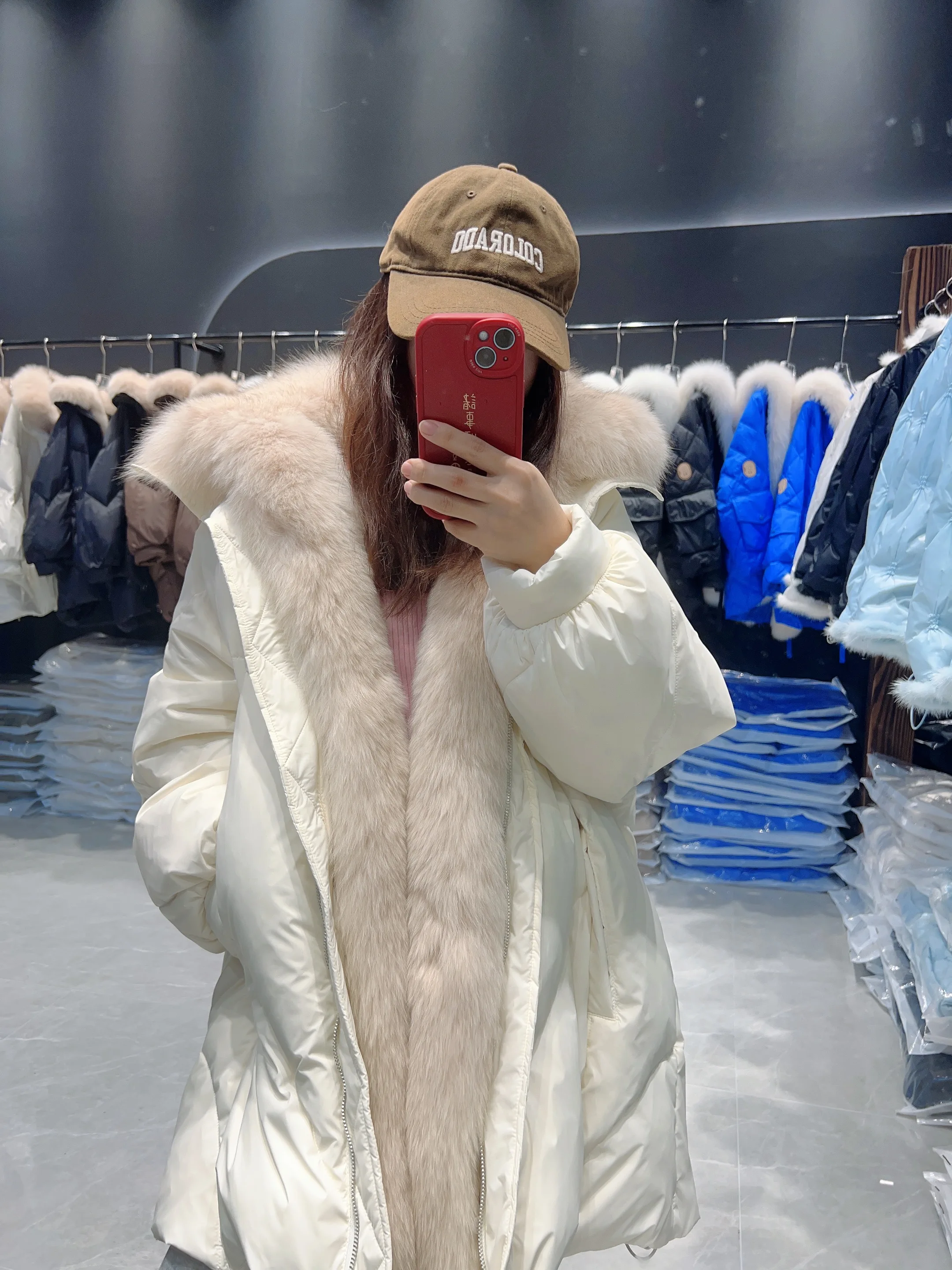 Lagabogy 2025 Real Natural Fox Fur New Winter Women White Goose Down Jacket Loose Warm Puffer Coat Female Thick Mid-Long Parkas